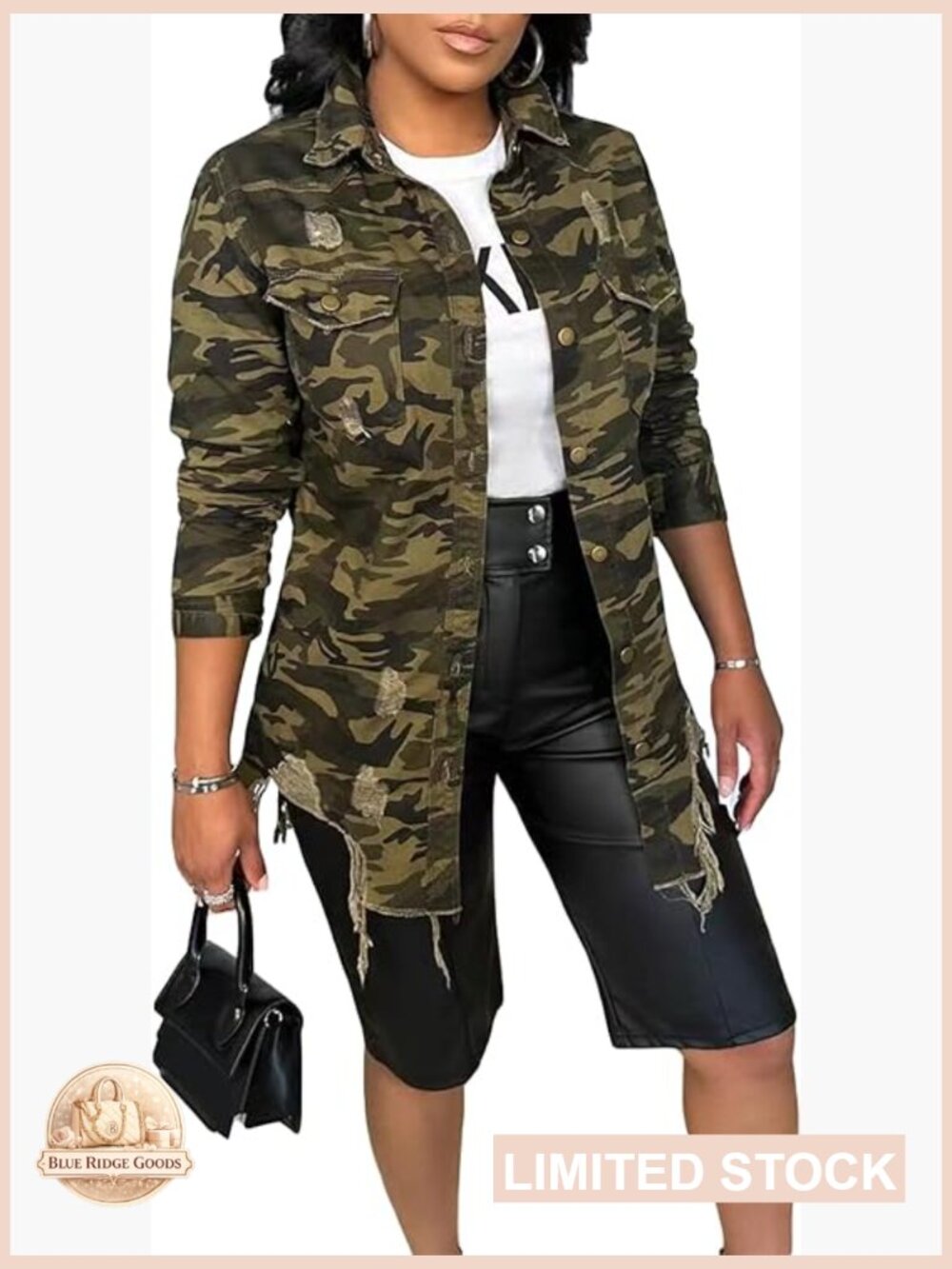 Casual Ripped Camo Jacket Women Plus Size Military Button Down Pockets Long